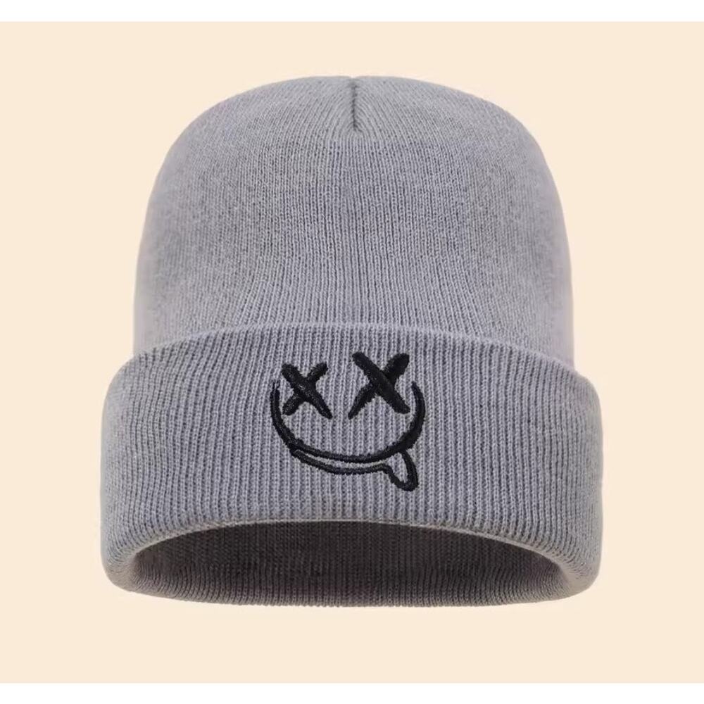 Grey Adult Beanie XP Tongue Out Emoji Smiley Face One Size Hat